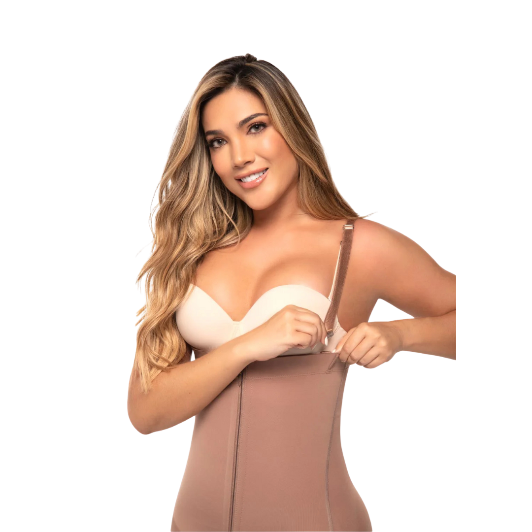 Body colombiano sin costuras con control de abdomen – Colección Premium | Tirantes desmontables, largo hasta la rodilla, cremallera frontal y en la entrepierna