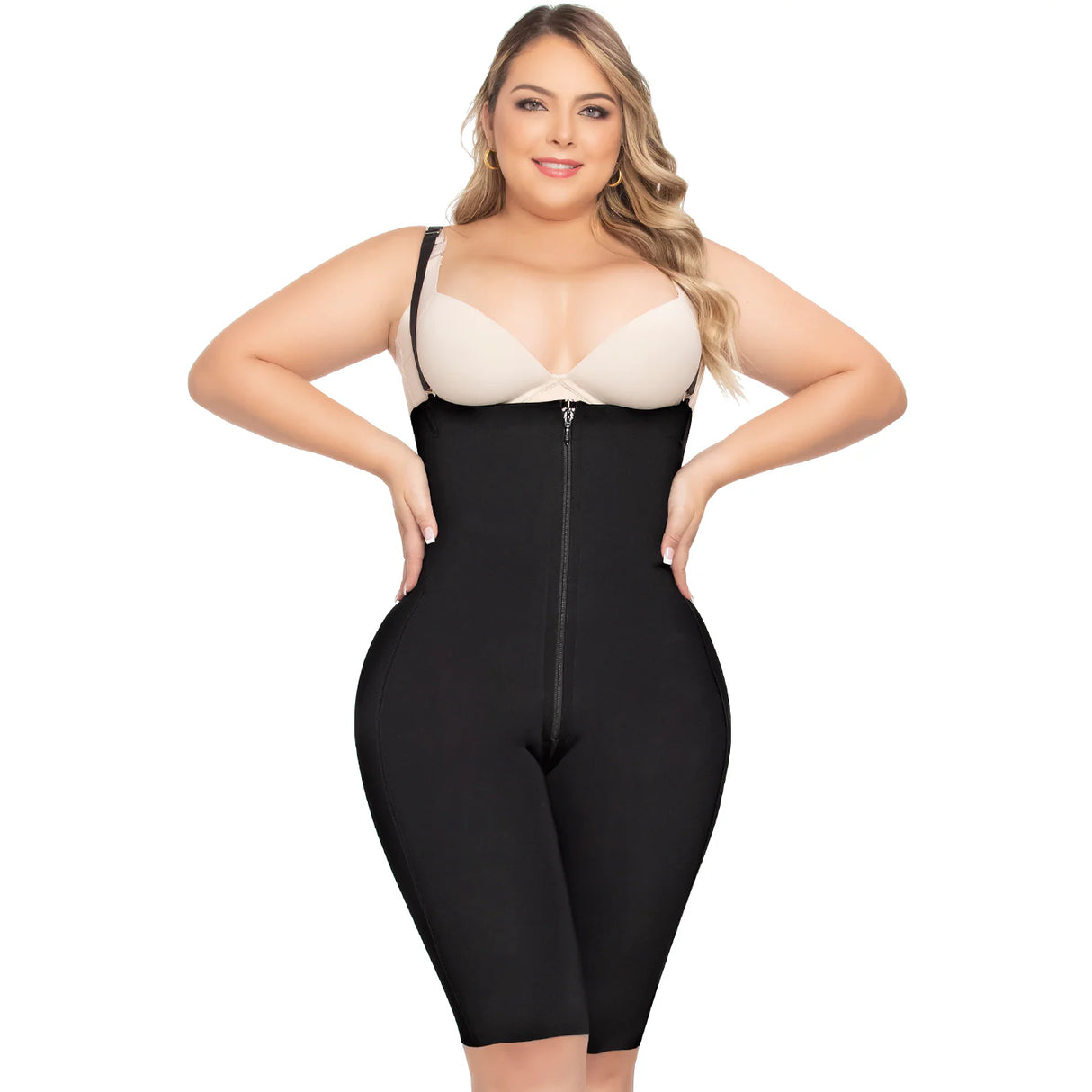 Body colombiano sin costuras con control de abdomen – Colección Premium | Tirantes desmontables, largo hasta la rodilla, cremallera frontal y en la entrepierna