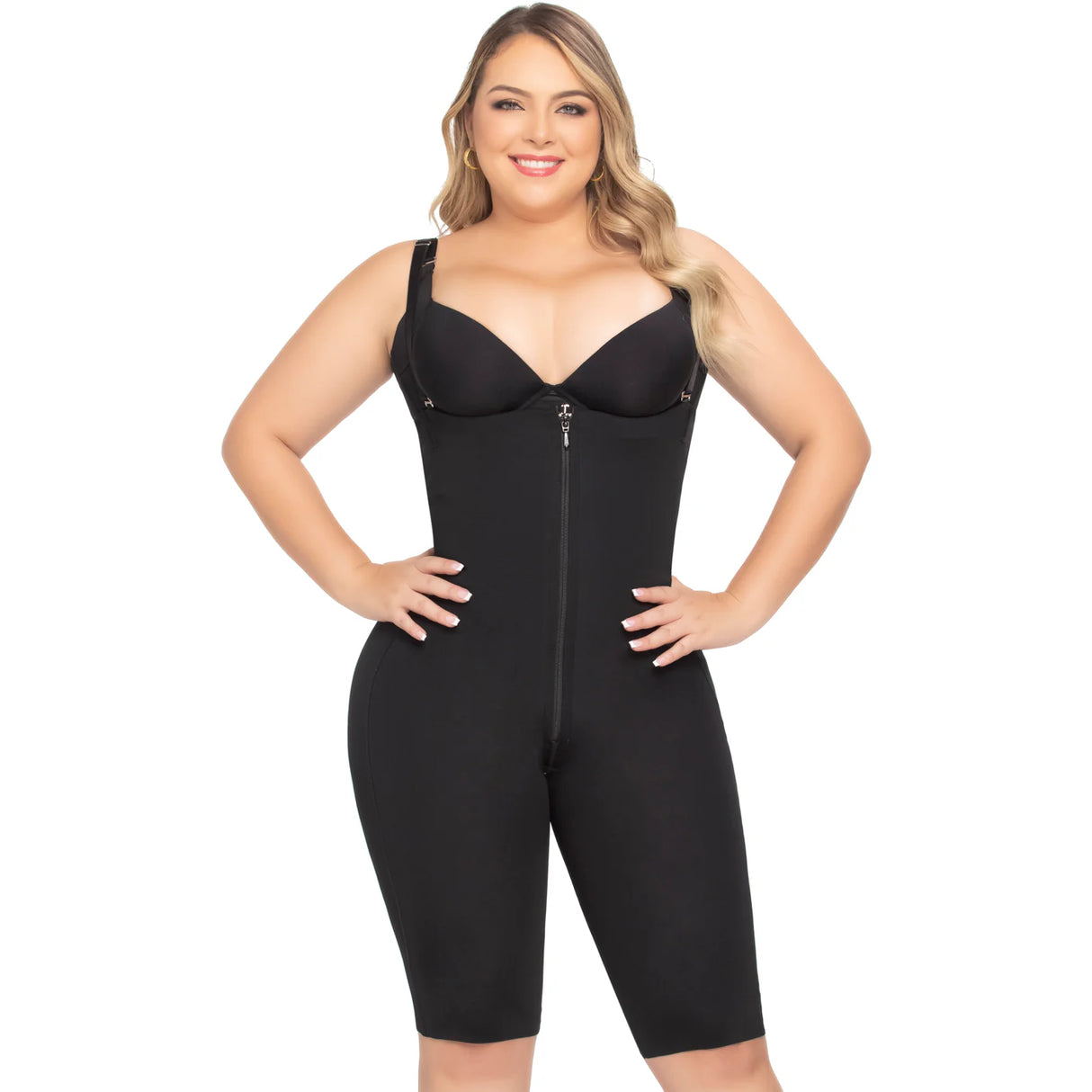 Body colombiano sin costuras con control de abdomen – Colección Premium | Tirantes desmontables, largo hasta la rodilla, cremallera frontal y en la entrepierna